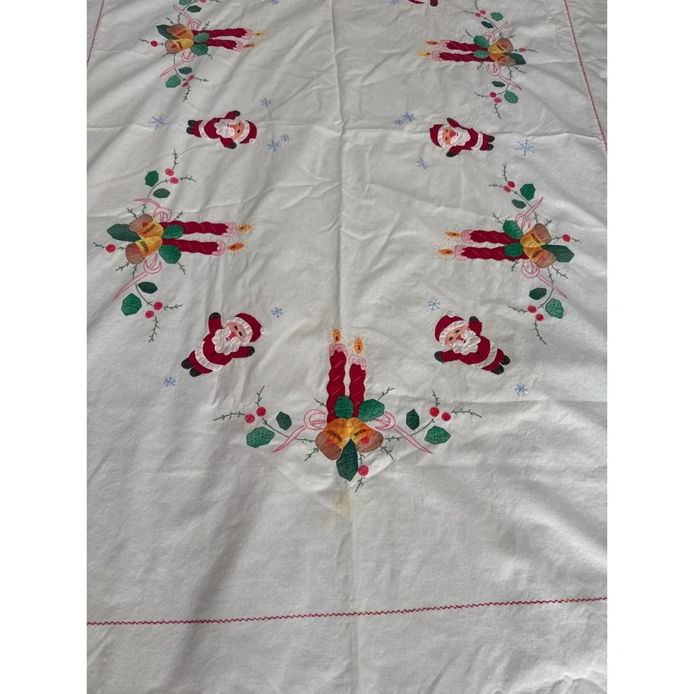 Vintage Hand Embroidered Christmas Tablecloth Santa Claus Scalloped Edge 61x79